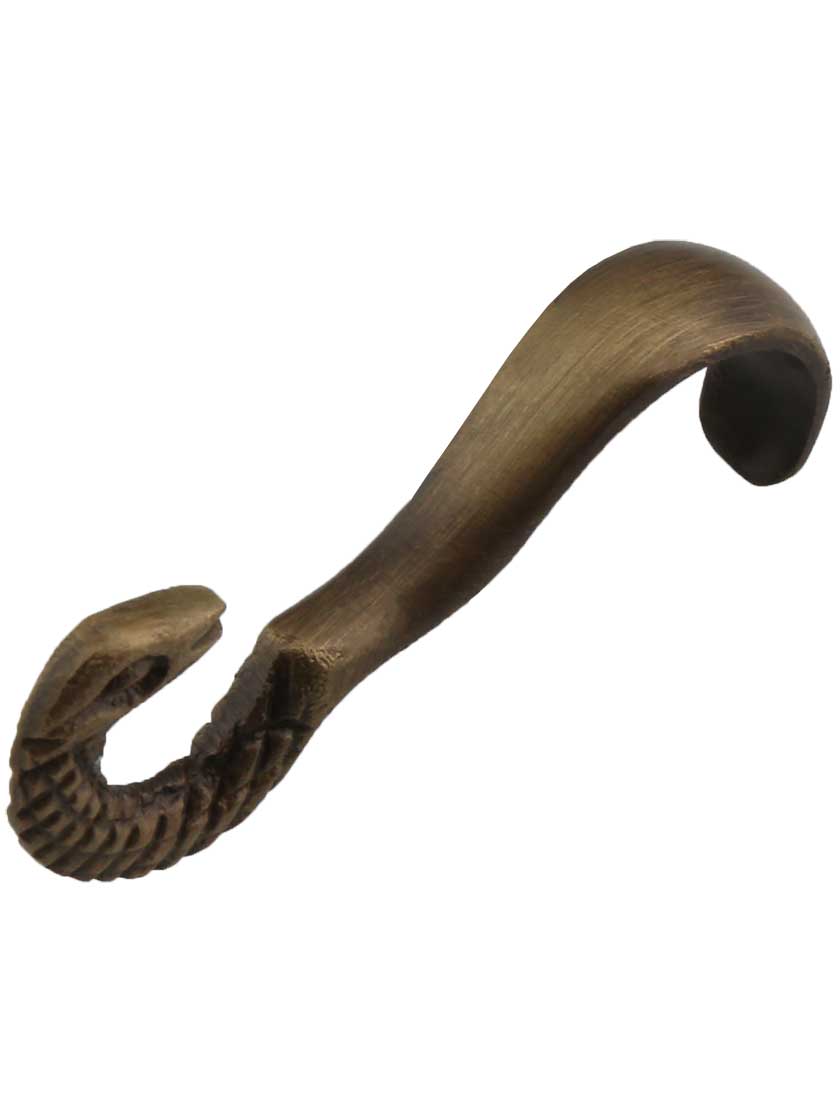 Solid-Brass Snakehead Picture Rail Hook in Antique Brass.
